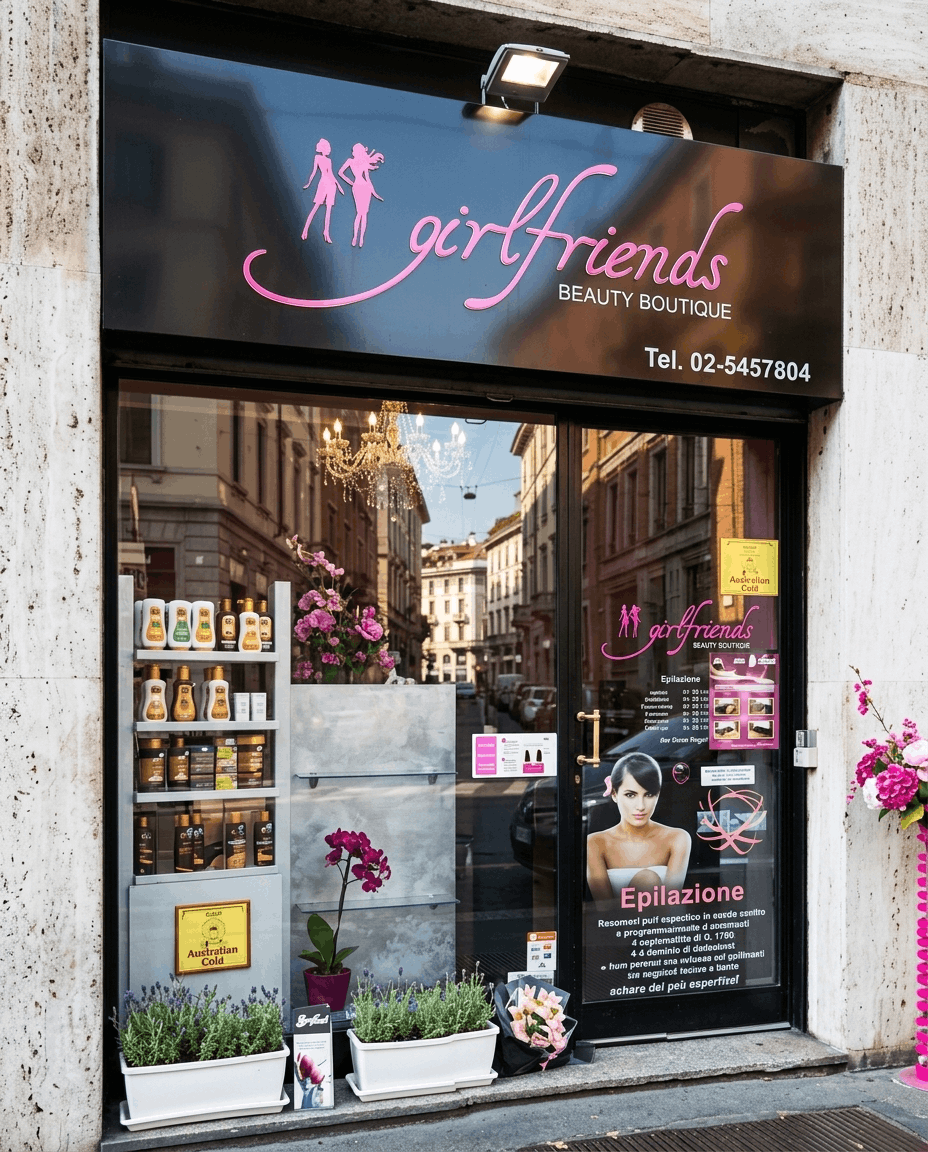 Facciata Girlfriends Beauty Boutique con insegna neon magenta